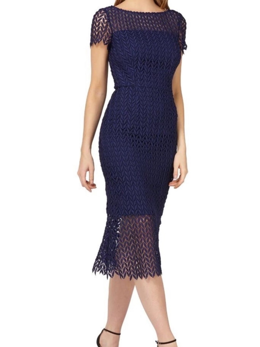 Kay Unger Navy Blue Tatum Eyelet Lace Midi Dress